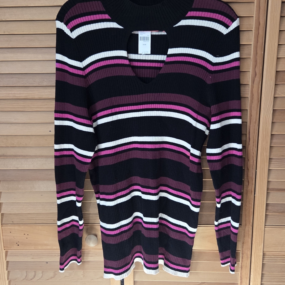 Lane Bryant Black and Pink Striped Turtleneck Keyhole Sweater
